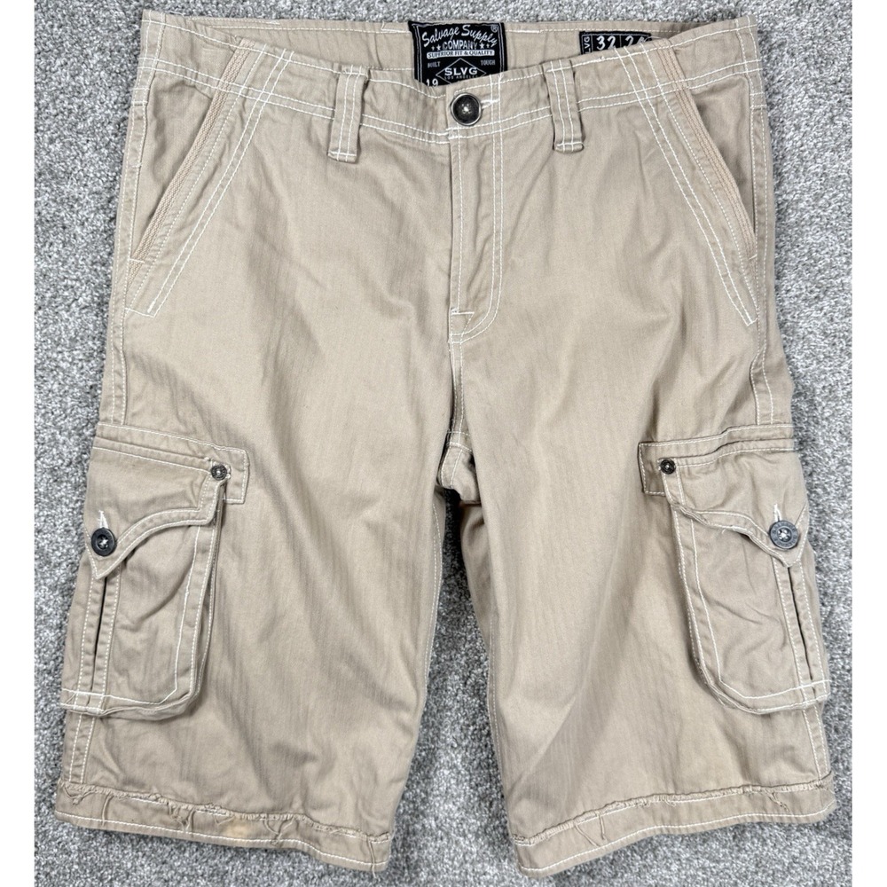 Salvage Supply Co Cargo Shorts Mens 32 Beige Herringbone‎ Heavy Stitch Y2K